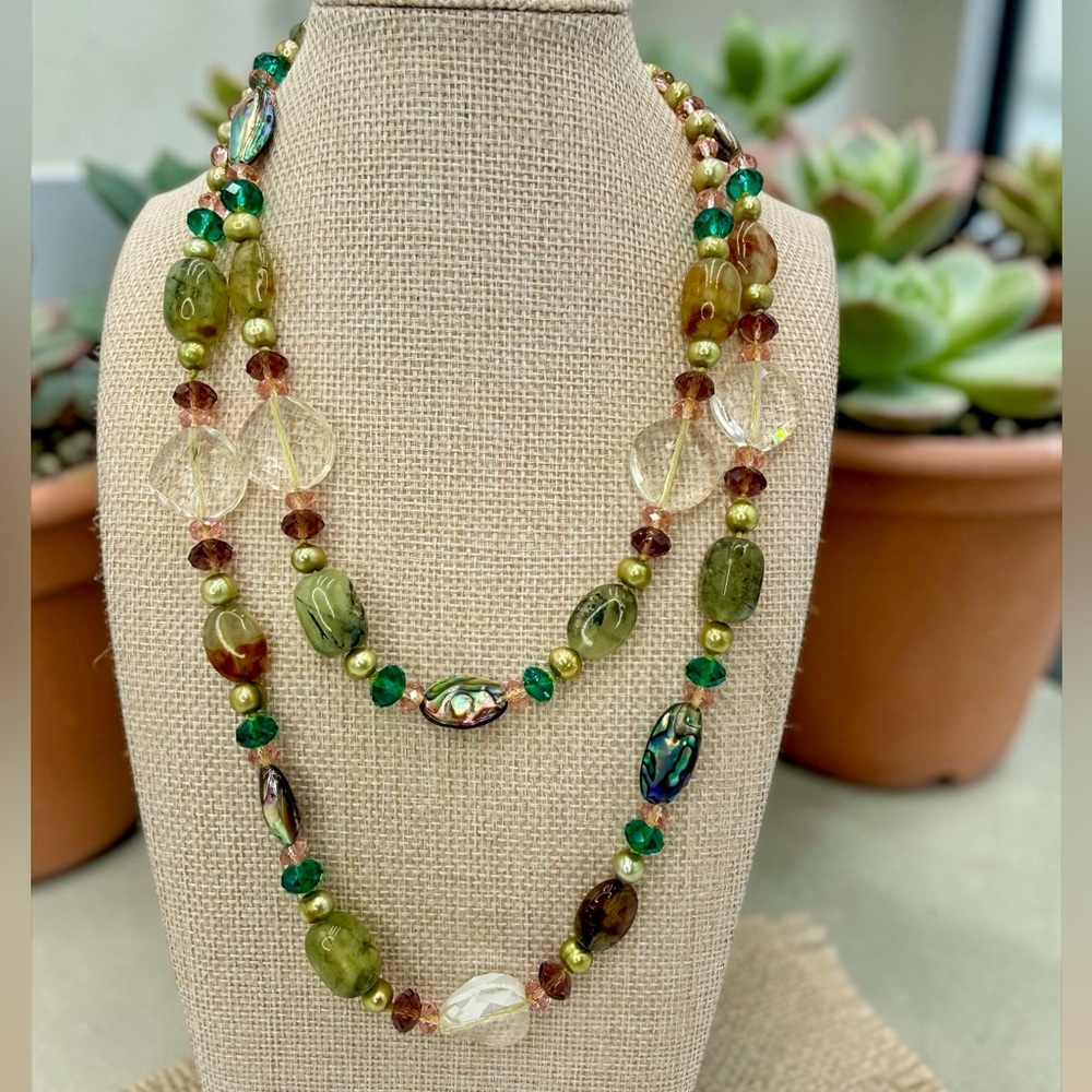 One Of A Kind Artisan Abalone Moss Agate Quartz Pearl 40” Necklace 925 Gemstone - Picture 3 of 17